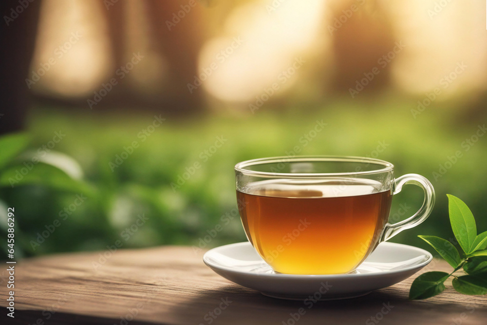 a cup of green tea on top of wooden table isolated on green forest background