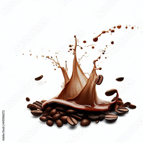 Coffee beans Splash on coffee, isolated on white background, Isolate Object of coffee beans and splash of coffee. 3d rendering. Generative AI 