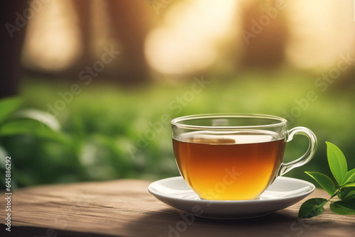 a cup of green tea on top of wooden table isolated on green forest background