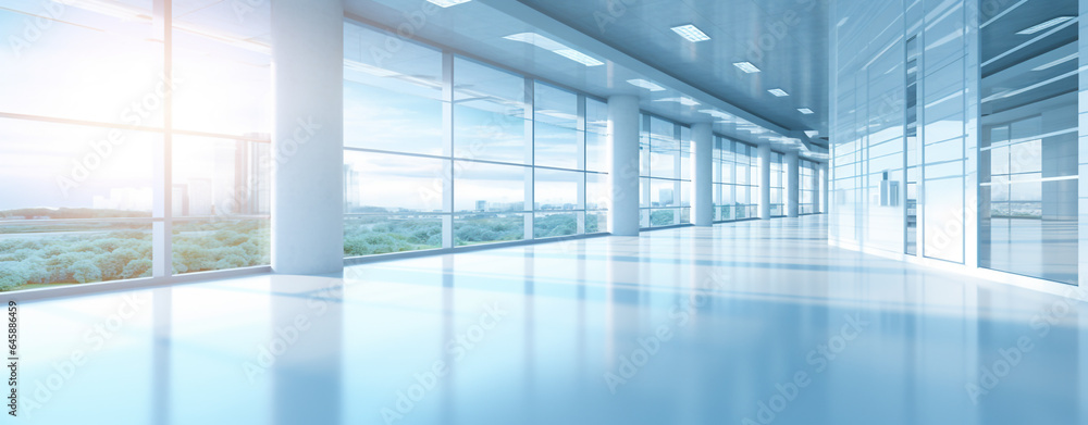 large empty corridor in a modern building with large windows. Generative Ai large empty corridor in a modern building with large windows. Generative Ai