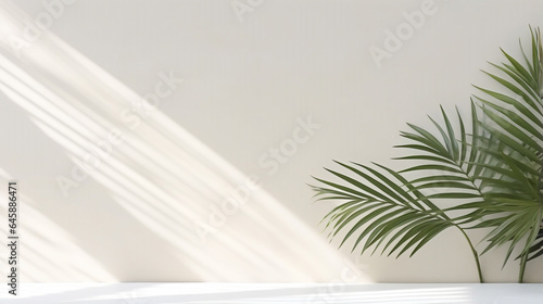 palm leaves on a white wall background filled with sunlight. Generative Ai © PETR BABKIN