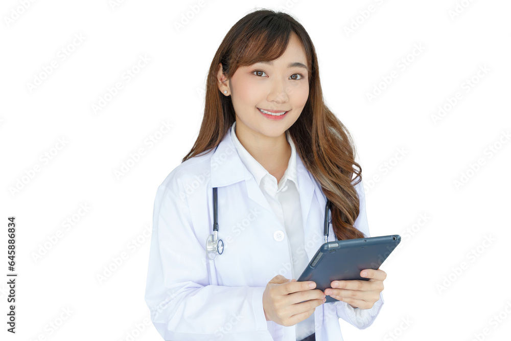 Beautiful and cheerful good mood young lady asian doctor dressed uniform smiling arm stethoscope while using tablet on white background.. Beautiful and cheerful good mood young lady asian doctor dressed uniform smiling arm stethoscope while using tablet on white background..