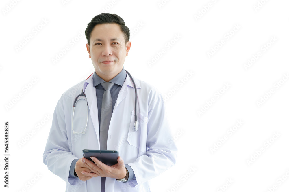 Portrait of asian senior doctor standing while using tablet on white background. COPY SPCAE. Portrait of asian senior doctor standing while using tablet on white background. COPY SPCAE.