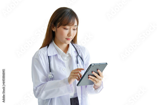 Beautiful and cheerful good mood young lady asian doctor dressed uniform with stethoscope smiling while using tablet on white background. COPY SPACE.