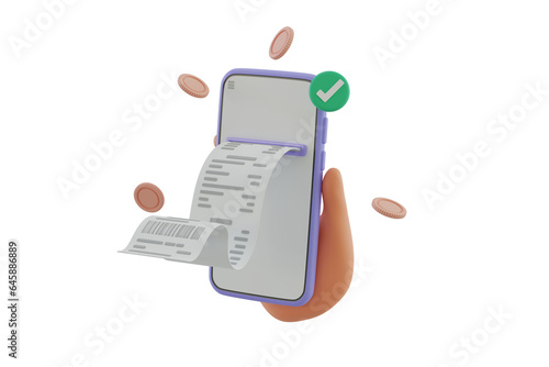 3D cartoon hand holding smartphone and credit card with bill payment, business finance and online shopping concept, 3D render illustration