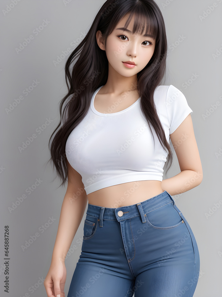 Model., japan girl aged 20, she is dressing up in a pair of fitted jeans. with a tight shirt. ai generative Model., japan girl aged 20, she is dressing up in a pair of fitted jeans. with a tight shirt. ai generative
