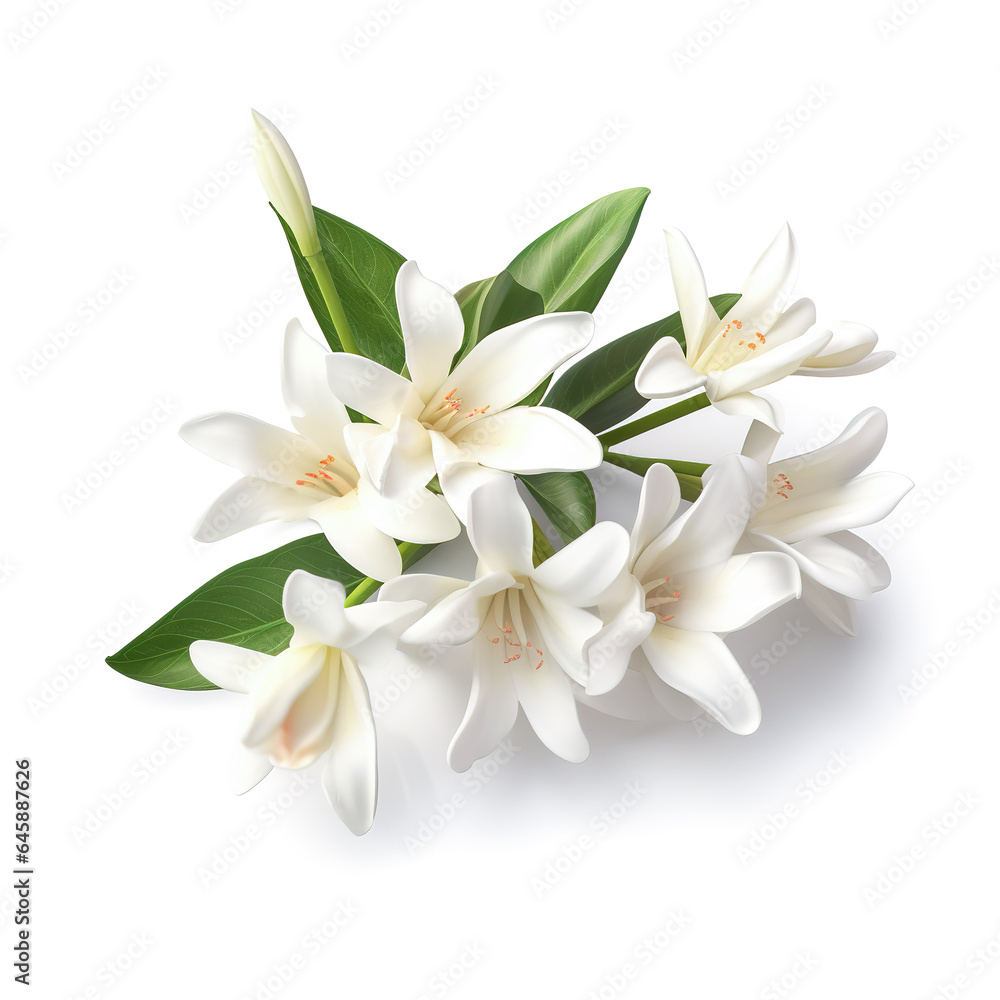 Image of tuberose flower on white background. Nature. Illustration, Generative AI. Image of tuberose flower on white background. Nature. Illustration, Generative AI.