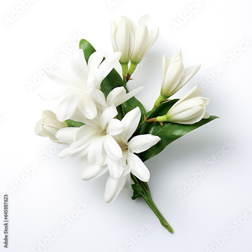 Image of tuberose flower on white background. Nature. Illustration, Generative AI.
