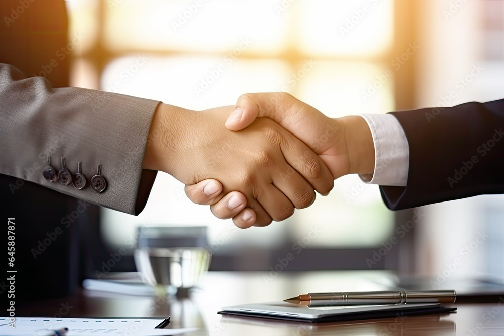 Business partners shaking hands with financial report background, People Connection, Deal, Partnership Concept Business partners shaking hands with financial report background, People Connection, Deal, Partnership Concept