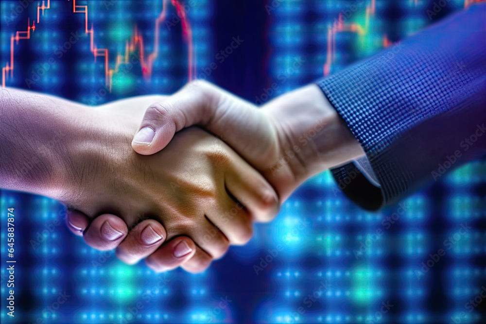 Business partners shaking hands with background monitor showing stock chart, People Connection, Deal, Partnership Concept Business partners shaking hands with background monitor showing stock chart, People Connection, Deal, Partnership Concept
