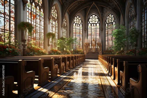 An image of a Christian church s serene interior  with stained glass windows and a cross.Generated with AI