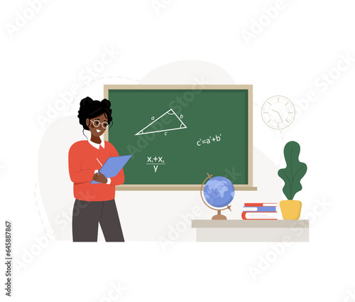 African female teacher in classroom. Pedagogue at lecture at chalkboard. School and college concept. Vector illustration in flat cartoon style.