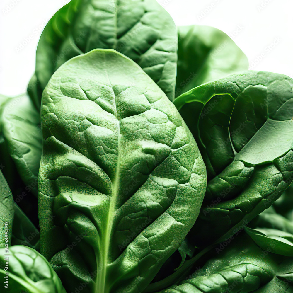 Obraz premium Fresh green spinach leaves closeup. Healthy food background. Selective focus. Generative AI 