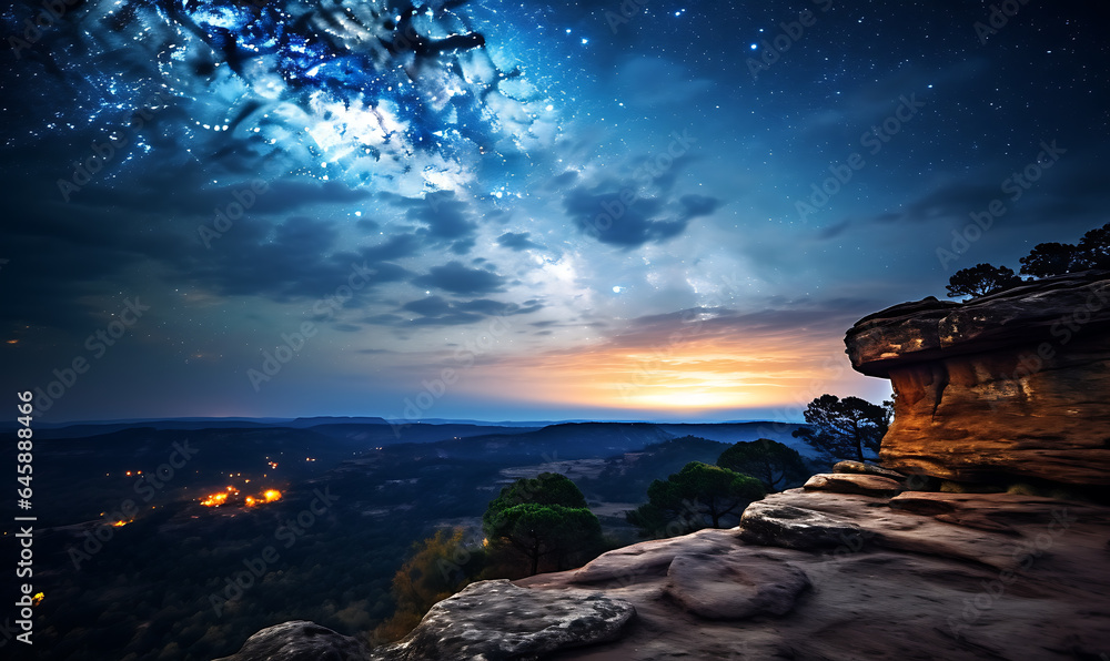 Astrophotography background photograph at night with milkyway shot from top cliff view cliff, sea with sunset