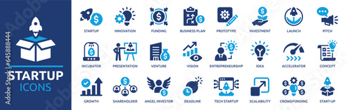 Startup icon set. Containing innovation, business plan, investment, launch, funding, investor and entrepreneurship icons. Solid icon collection. Vector illustration.