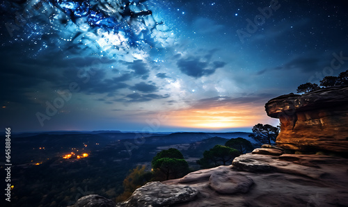 Astrophotography background photograph at night with milkyway shot from top cliff view cliff, sea with sunset © Anditya