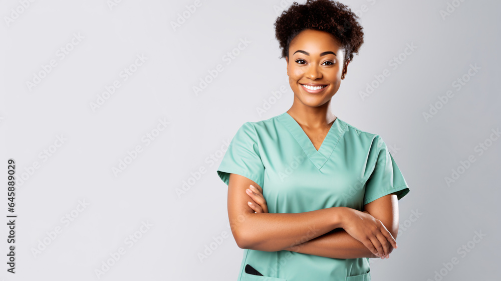 Portrait African American nurse woman smiling and standing with arms crossed with copy space on white background Portrait African American nurse woman smiling and standing with arms crossed with copy space on white background