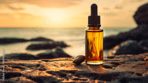Amber dropper bottle with extract in beach on a sunset - Cosmetic product mockup 2oz glass tincture bottle in a beautiful sunset  photo
