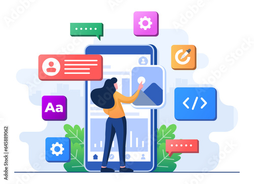Mobile UI/UX development concept flat illustration, Mobile application blocks on smartphone screen, Mobile app interface, Web development, Smartphone with interface elements, Mobile app development