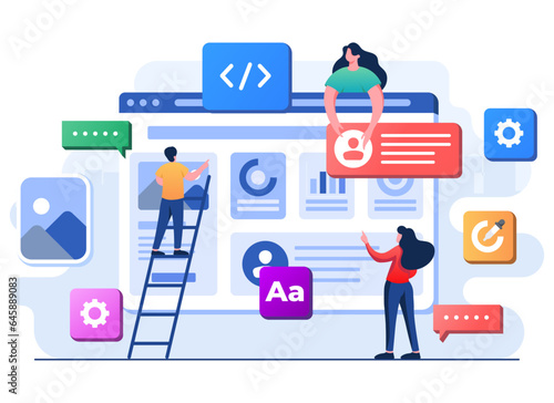 Developers building website User interface front view, Web design, UI UX, Software development, Web design, Application design, Coding, Web development flat illustration for landing page