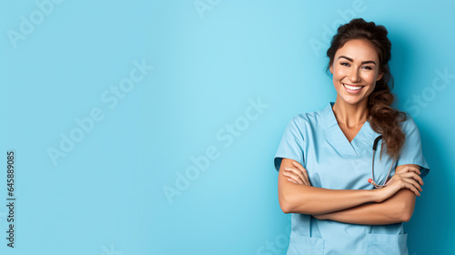 Portrait of a beautiful medical assistant smiling and standing with arms crossed in a blue background