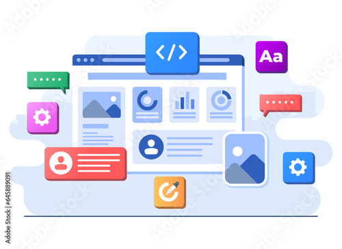 Interface elements and browser windows on browser window, Web design, UI UX, Software development, Web design, Application design, Coding, Web development flat illustration for landing page