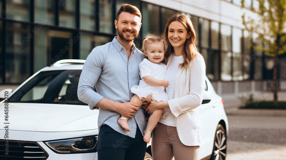 Happy caucasian family in front of newly purchased car l Happy caucasian family in front of newly purchased car l