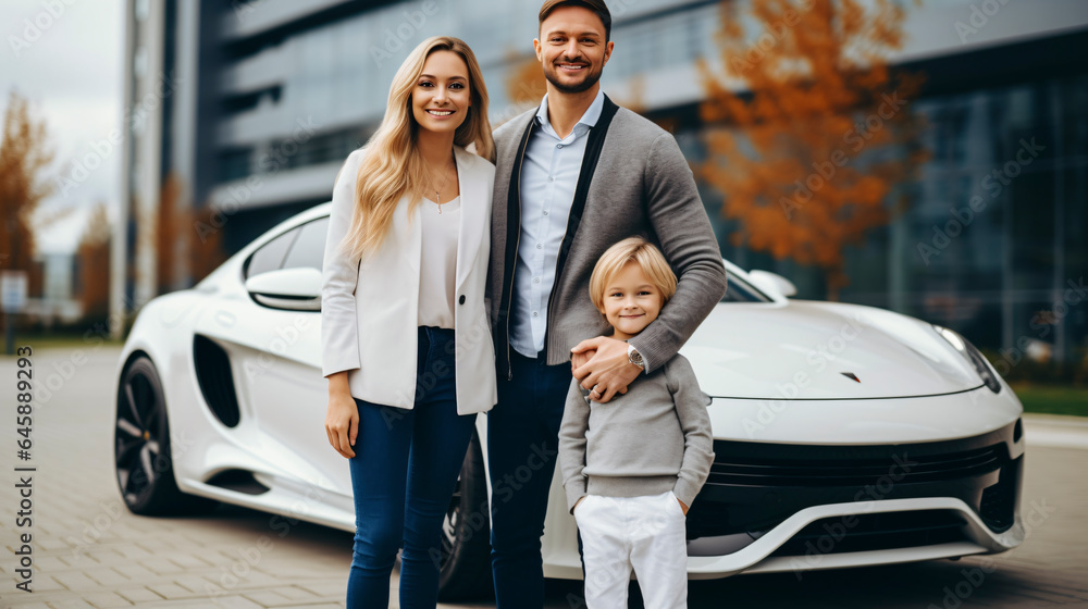 Happy family in front of newly purchased car , Liability concept Happy family in front of newly purchased car , Liability concept