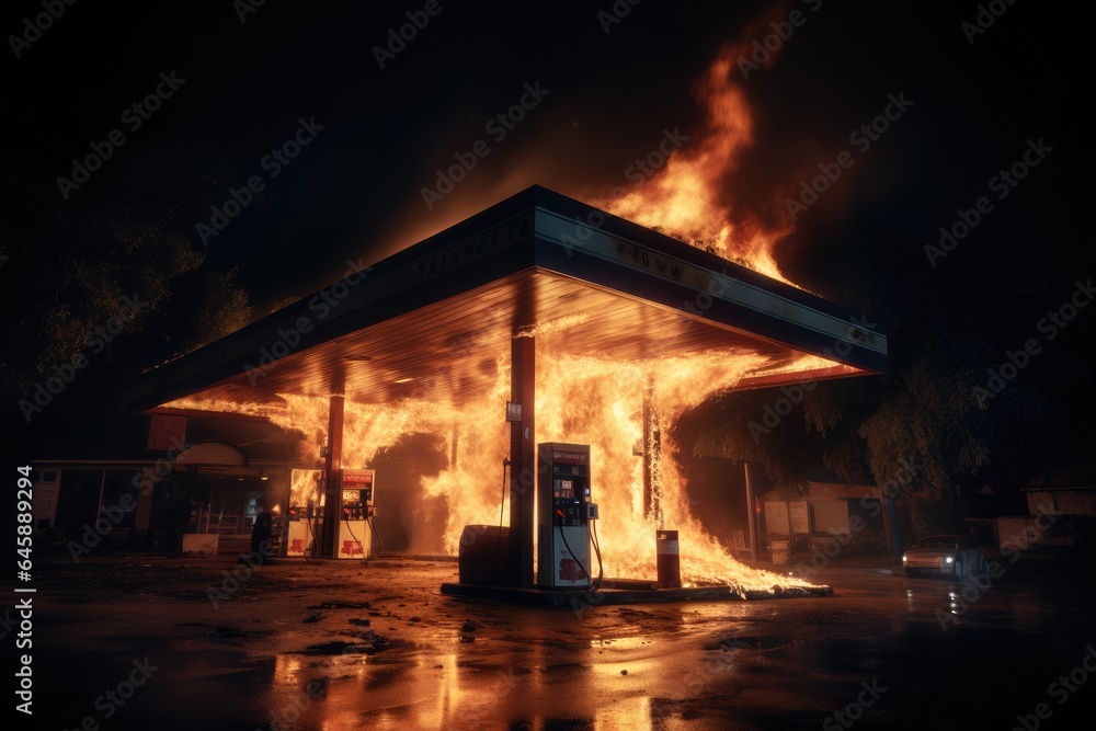 Fototapeta premium Gasoline dispenser on fire with flames going all.