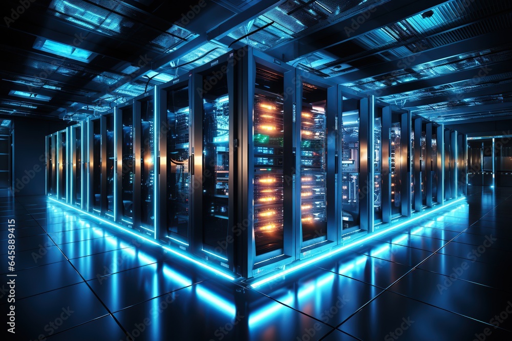 A clean and efficient data center with rows of server racks in a ...