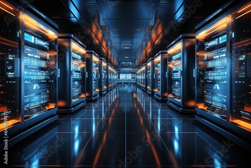 A clean and efficient data center with rows of server racks in a controlled environment.Generated with AI