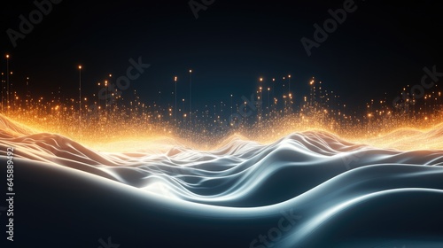 Digital Music Wave Forms, Big data visualization, Musical stream of sounds, Abstract background with interlacing dots.