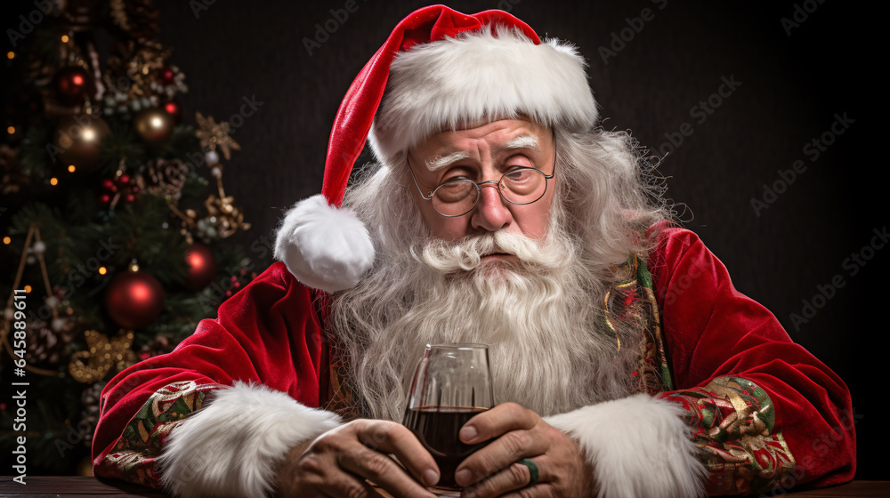 Frustrated Santa Claus sitting on a table with a Christmas tree, worried Santa, sad Christmas Frustrated Santa Claus sitting on a table with a Christmas tree, worried Santa, sad Christmas