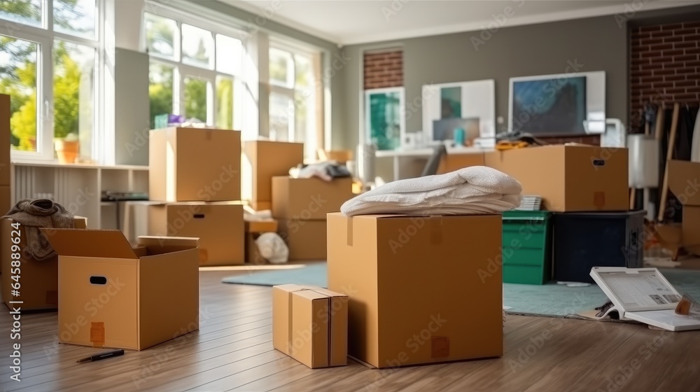 Fototapeta premium Cardboard boxes in dorm room on moving day, Unpacking cardboard boxes.