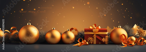 golden Christmas balls website banner with decoration on shiny blurred background © Chamli_Pr