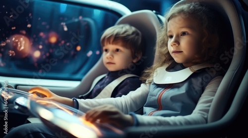 Two children are ride in a self driving car controlled by an artificial intelligence autopilot Future technologies.