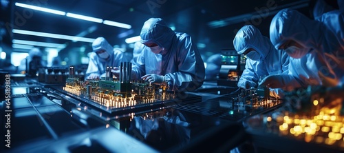 A high-tech semiconductor manufacturing facility with engineers in cleanroom suits. Generated with AI