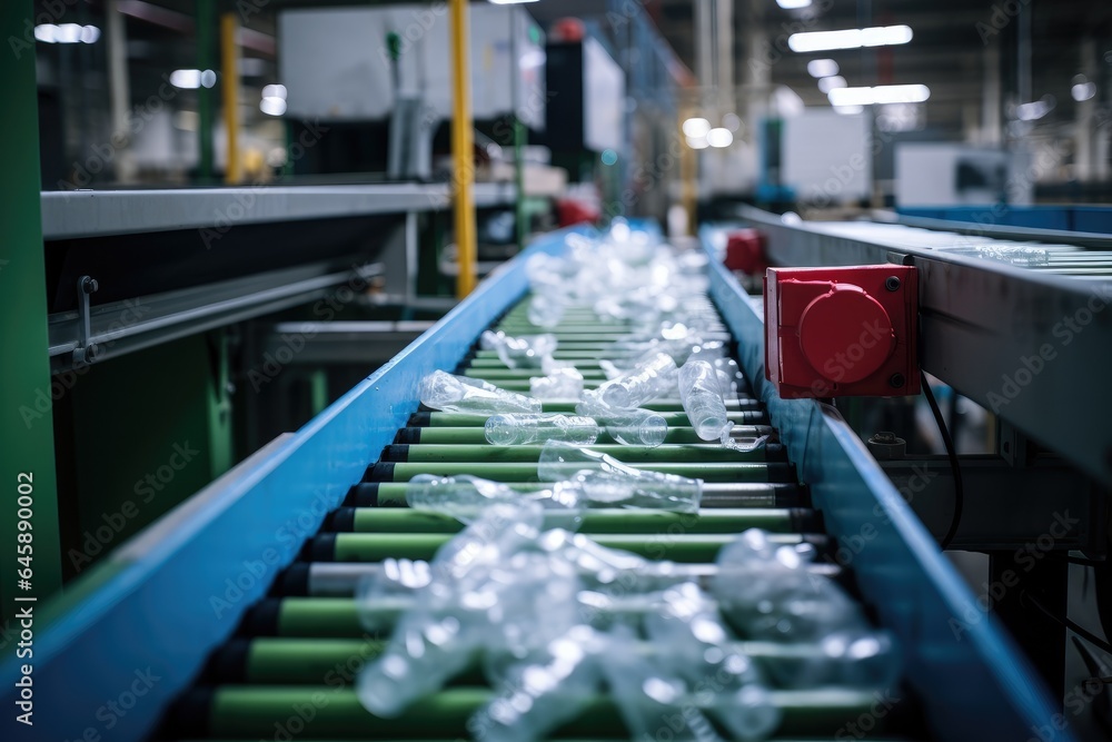 Obraz premium Conveyor belt with plastic recyclables on it in a facility, Waste management concept.