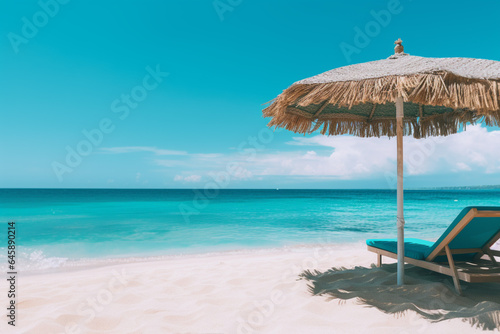 the tropical beach moment with towel under the parasol with turquoise sea in the background