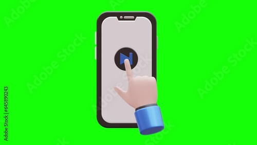 Hand Clicks Next Button 3D Animation on Smartphone with Green Screen Background photo