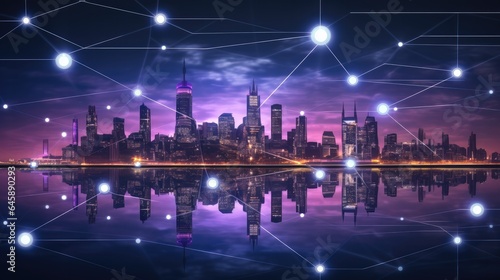 Digital city in Metaverse, Metaverse City Landscape Background, Purple color.