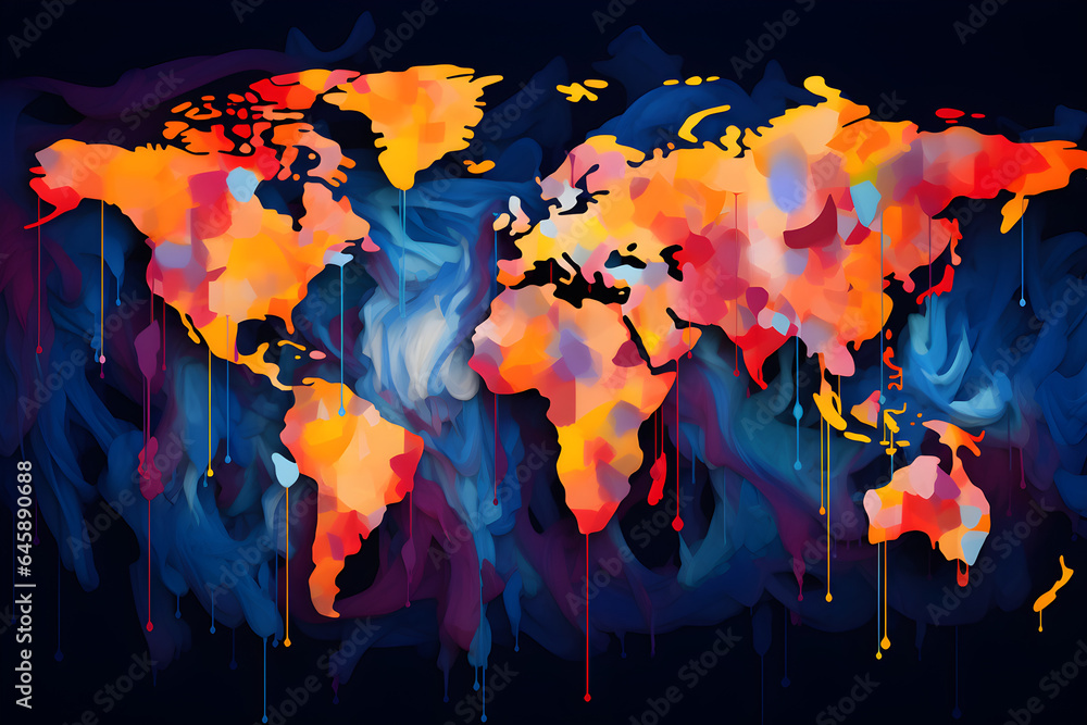 Fototapeta premium world map in a colourful abstract dripping art style