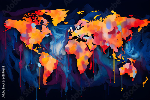 world map in a colourful abstract dripping art style