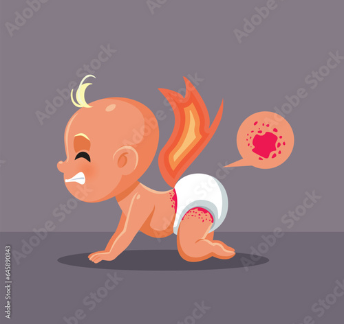 
Little Baby Having a Diaper Rash Burning Red Skin Vector Cartoon Illustration
Suffering infant having a bad reaction to nappy irritation side effect 
