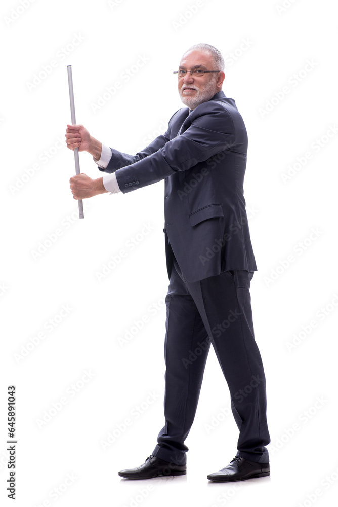 Old businessman holding metal stick isolated on white Old businessman holding metal stick isolated on white