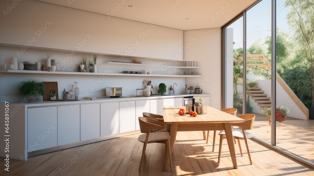 Inside kitchen and dining room in the minimalist house. Inside kitchen and dining room in the minimalist house.