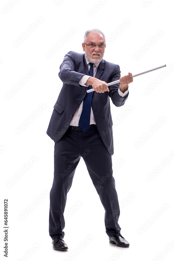 Old businessman holding metal stick isolated on white Old businessman holding metal stick isolated on white