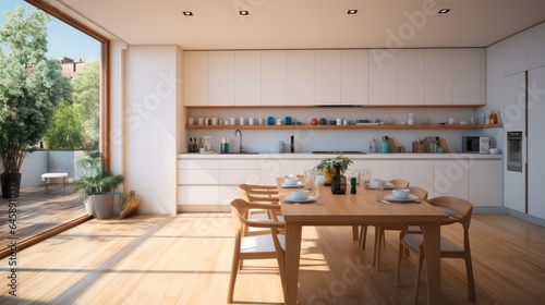 Inside kitchen and dining room in the minimalist house.