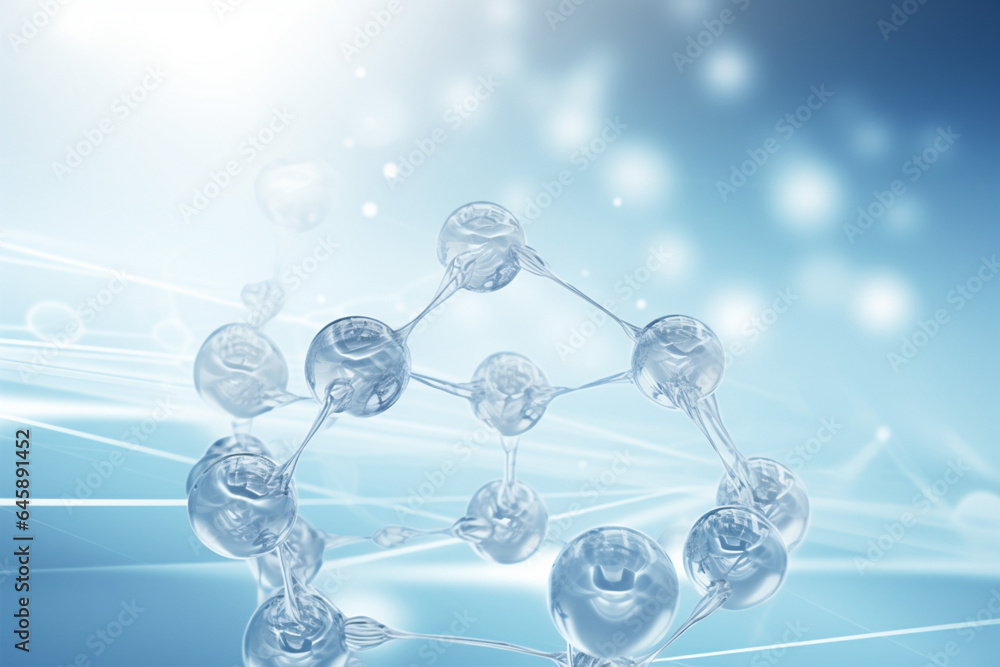 water molecules and bubbles floating in blue water, in the style of molecular structures water molecules and bubbles floating in blue water, in the style of molecular structures