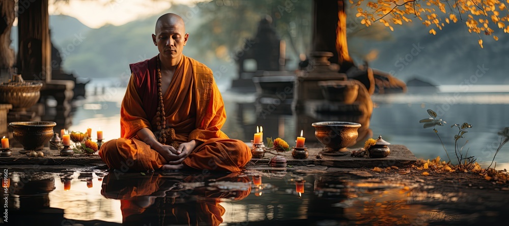 Buddhist monk in meditation by a tranquil river. Generated with AI